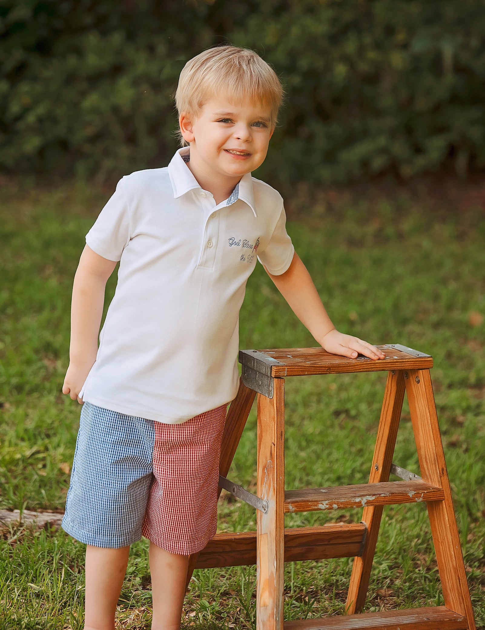 God Bless the USA Knit Embroidered Boys' Polo & Seersucker Short Set