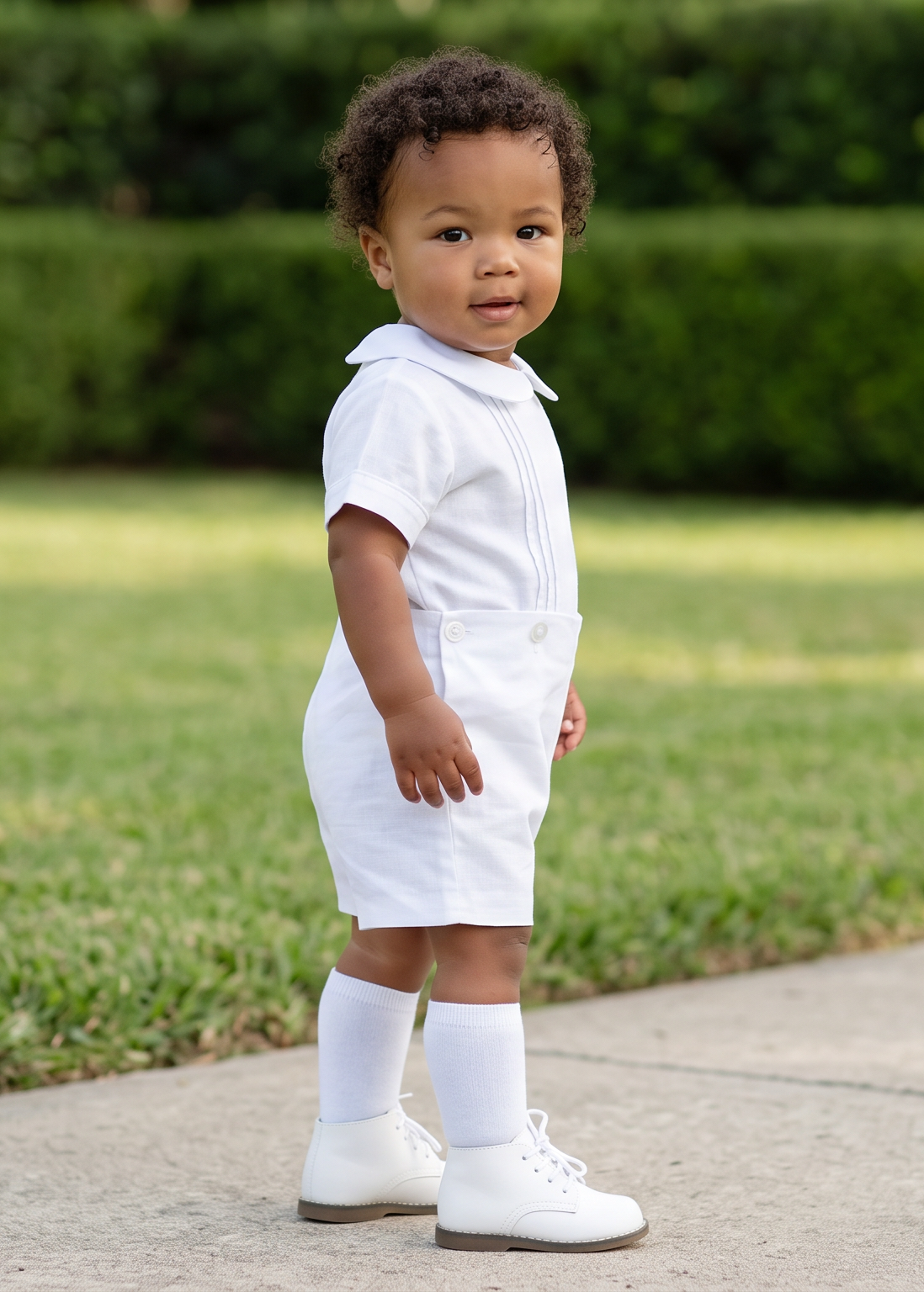 A toddler stands on a concrete path in a grassy yard wearing a white short-sleeve polo shirt, white shorts, white socks, and white shoes.