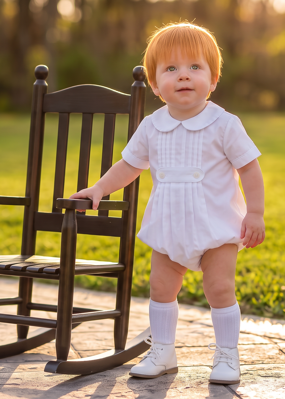 A toddler with red hair stands on a stone path in a park next to a dark wooden rocking chair, wearing a white short-sleeve romper, white socks, and white shoes.