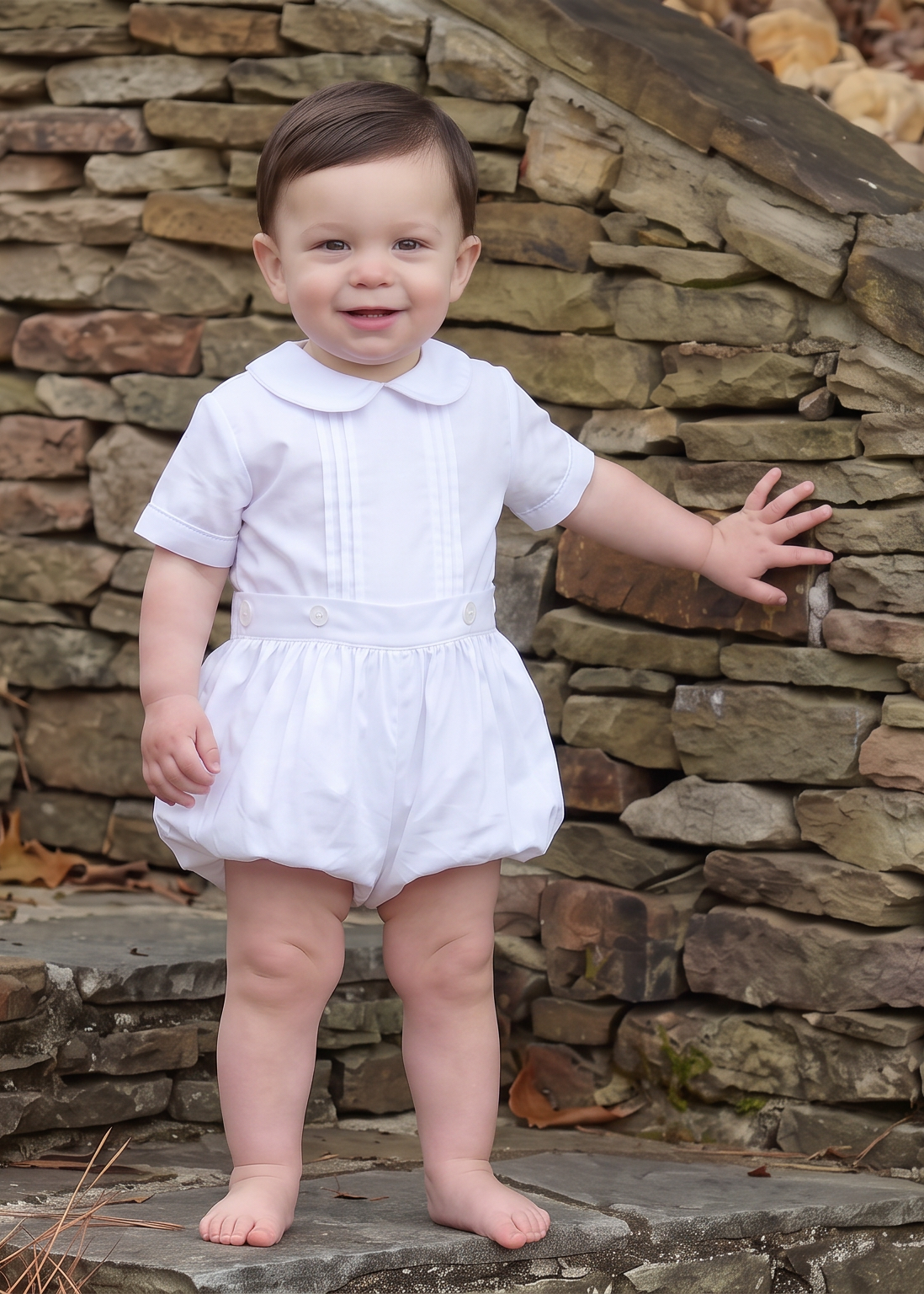 A toddler standing barefoot on stone steps outdoors, wearing a white short-sleeve romper dress with a Peter Pan collar.