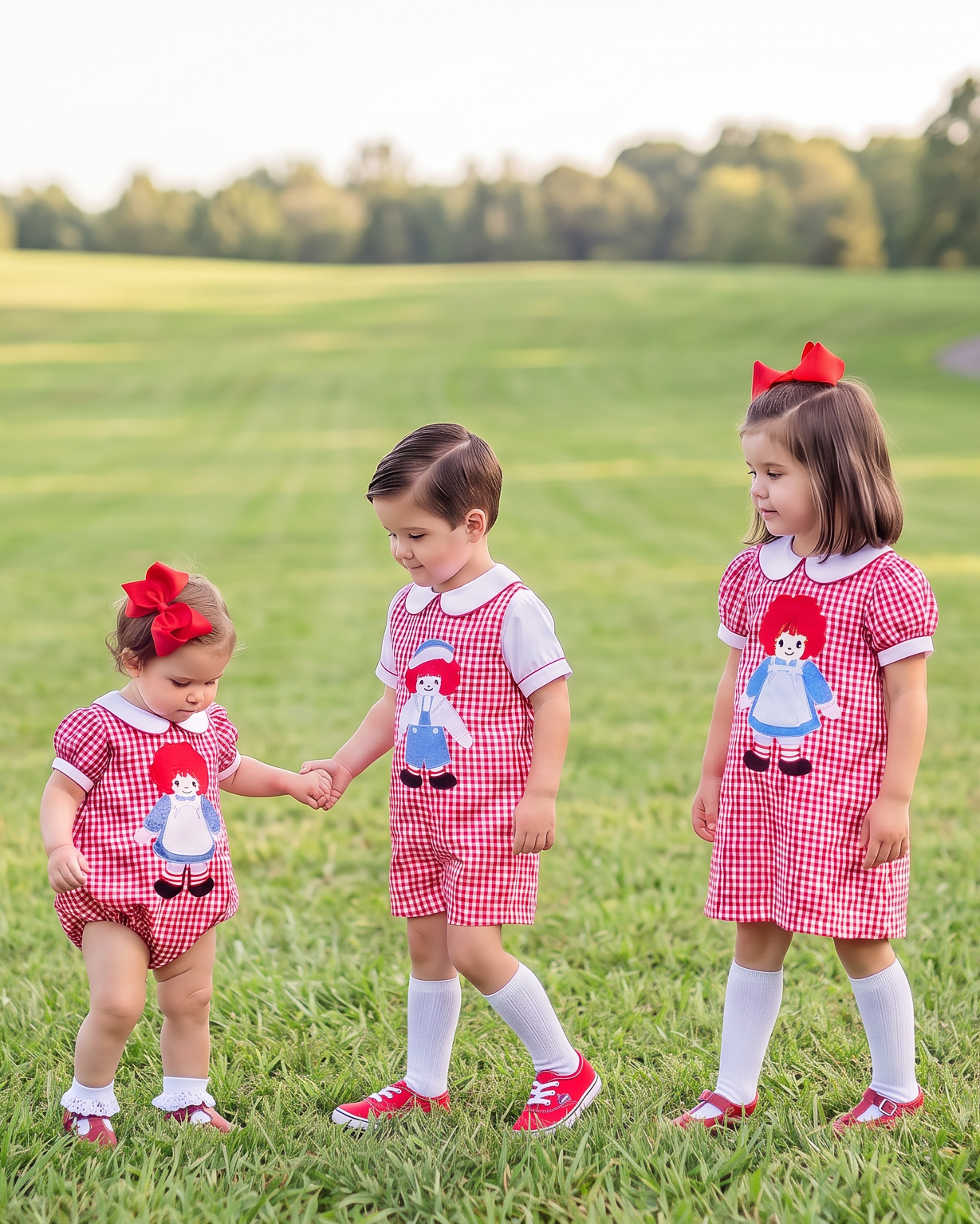 Three young children wearing matching red-and-white gingham dresses with a rag doll graphic stand on a grassy park path. The dresses have white collars and cuffs, white socks, and red shoes, and each child wears a red bow headband.
