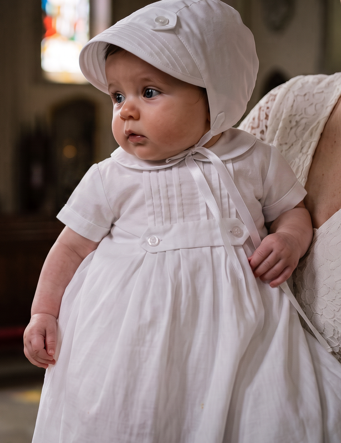 A baby boy in a white first communion dress and bonnet stands on a church porch being held by a woman in a white lace dress. A stone baptismal font and stained glass windows are visible in the softly lit background.