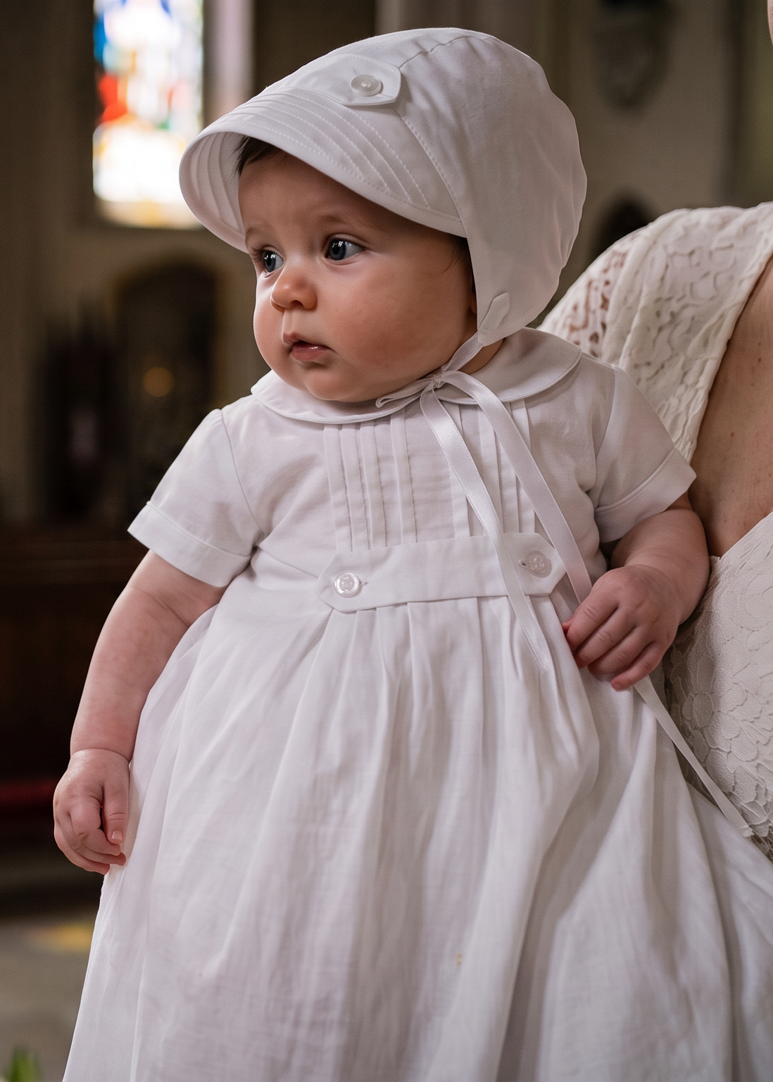 A baby boy in a white first communion dress and bonnet stands on a church porch being held by a woman in a white lace dress. A stone baptismal font and stained glass windows are visible in the softly lit background.