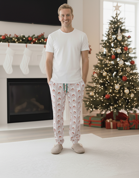 Man wearing Christmas-themed pajama pants standing in a living room with a decorated tree and fireplace.