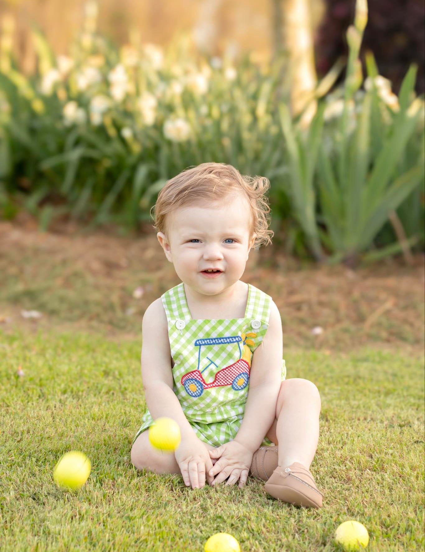 Fore! Boys' Gingham Shortall with Golf Cart Applique