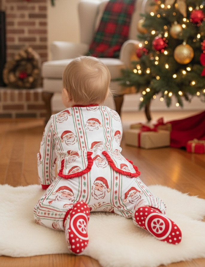 Jolly Old Saint Nick Girls' Lounge Zippie with Ruffle Trim