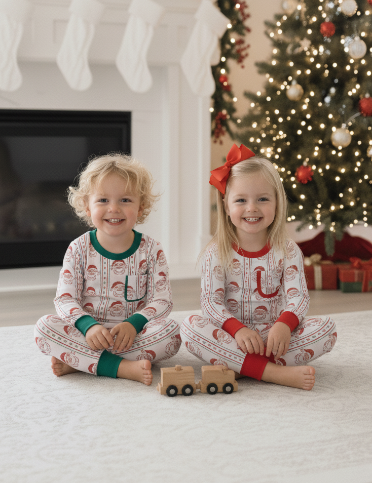 Two children in matching pajamas sitting on a floor decorated for Christmas with a tree and stockings.