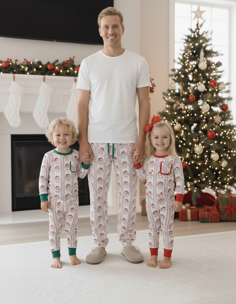 Family of three wearing matching pajamas in a festive living room with a Christmas tree and fireplace.