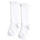 Scalloped Fancy Pointelle Knit Knee High Socks - White