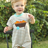 Pumpkin Harvest Boys' Tan Stripe Knit Romper with Pumpkin Wheelbarrow Applique