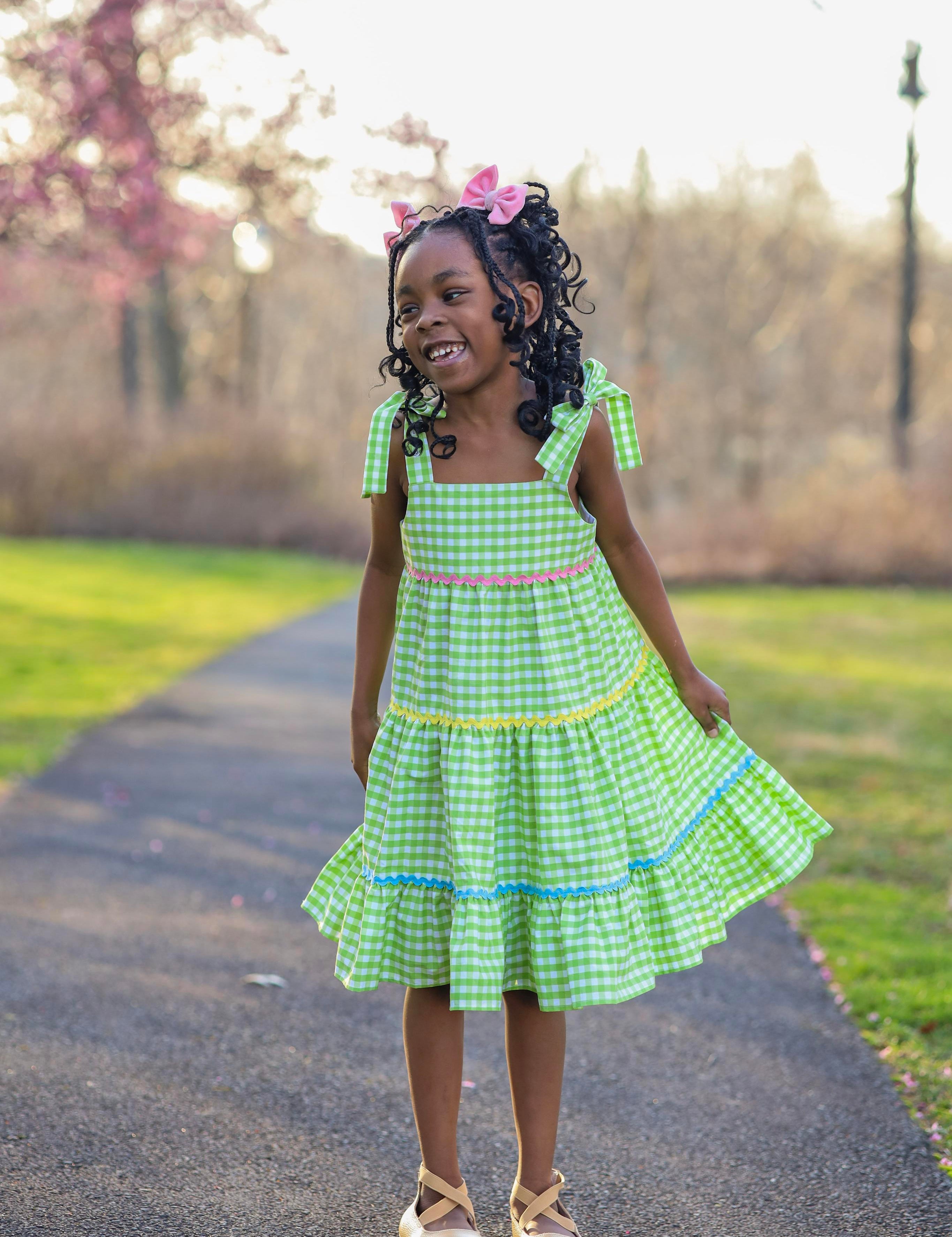 Fore! Girls' Tie Shoulder Gingham Tiered Dress