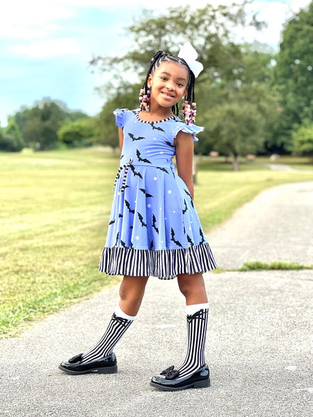 Batty Purple Knit Bat Print Swing Dress with Black and White Stripe Ruffle