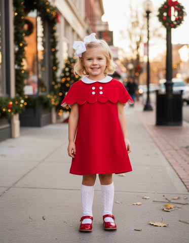 PREORDER - The Capelet Dress in Evelyn - Red Pinwale Corduroy