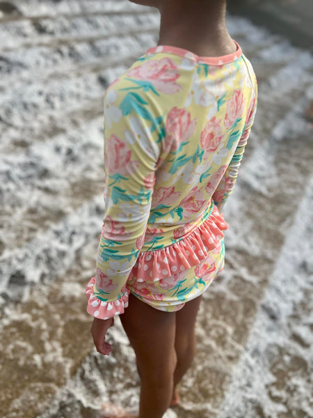 Magnolia Rash Guard Yellow Floral Print Swim Suit Set