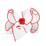 Embroidered Santa Crochet Edge Bow: White w/ Red Crochet Edge / 4.5" Large