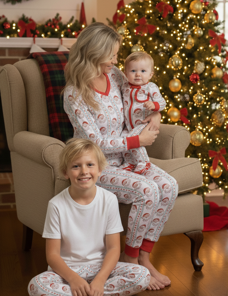 Family in matching pajamas sitting in a living room with a Christmas tree in the background
