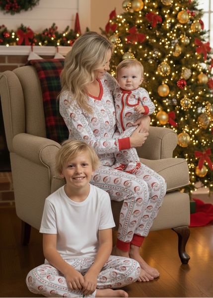 Family in matching pajamas sitting in a living room with a Christmas tree in the background