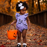Batty Purple Knit Bat Print Bubble with Black and White Stripe Trim