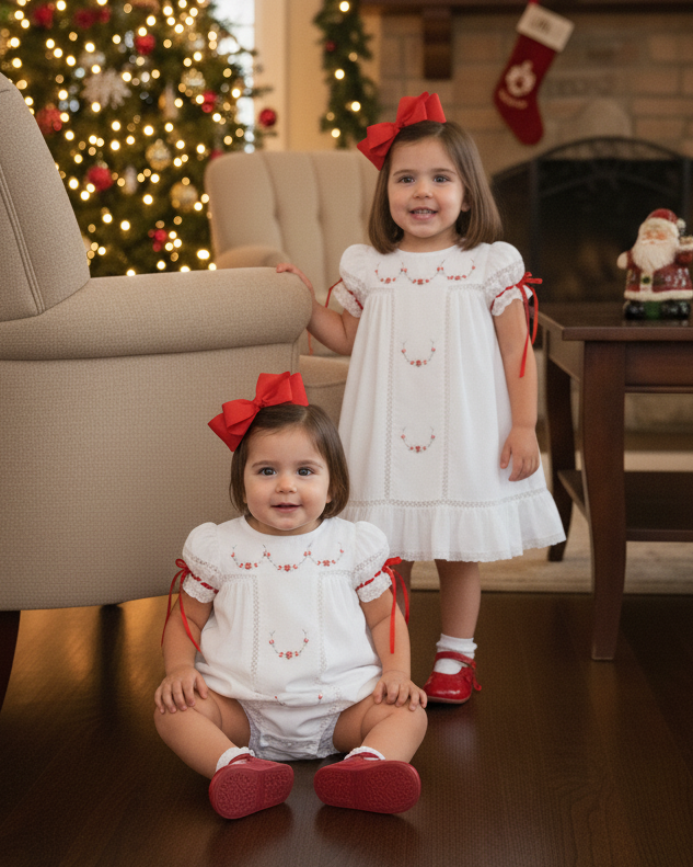 Gilded Noel Holiday Christmas Hand Embroidered White Heirloom Portrait Dress
