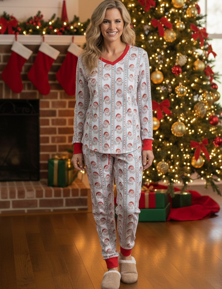 Woman wearing Christmas-themed pajamas in front of a decorated fireplace and tree.