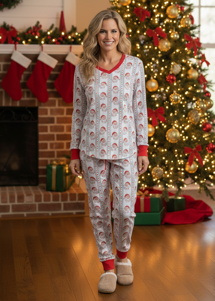 Woman wearing Christmas-themed pajamas in front of a decorated fireplace and tree.