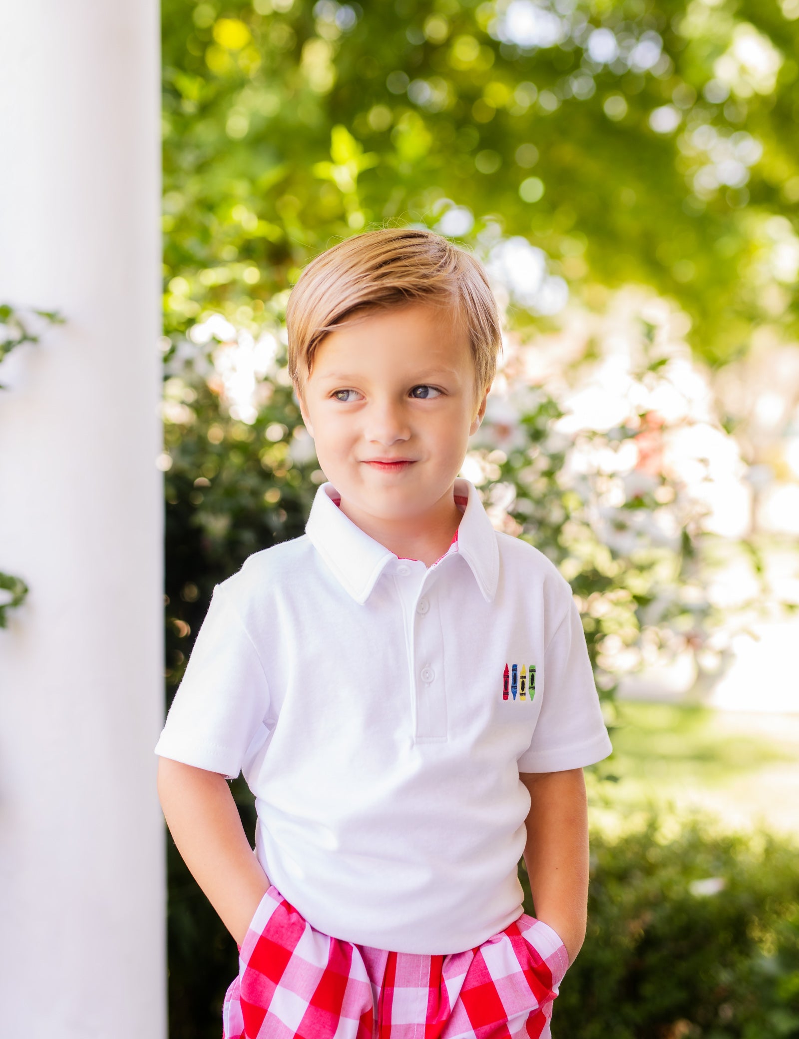 Scribble Boys' White Knit Crayon Embroidery Polo & Red Gingham Shorts Set