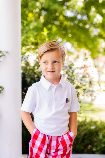 Scribble Boys' White Knit Crayon Embroidery Polo & Red Gingham Shorts Set