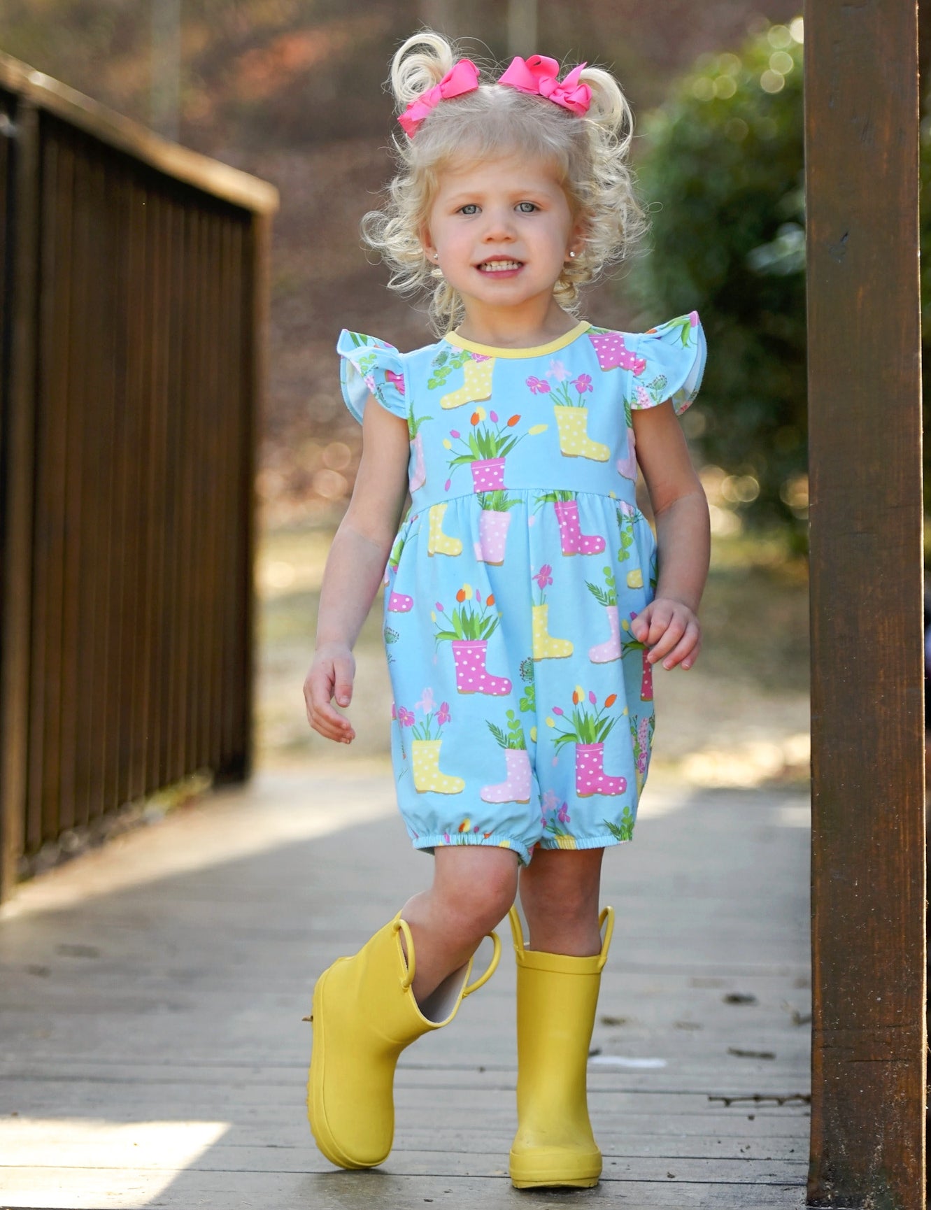 April Showers Rainboot Print Knit Romper