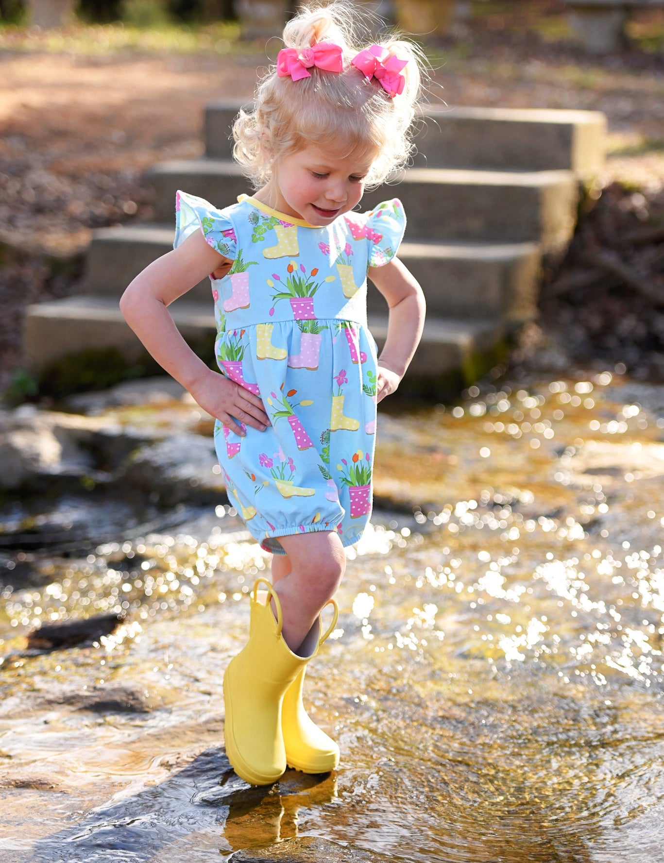 April Showers Rainboot Print Knit Romper