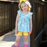 April Showers Rainboot Print Knit Flutter Top and Ruffle Shorts Set