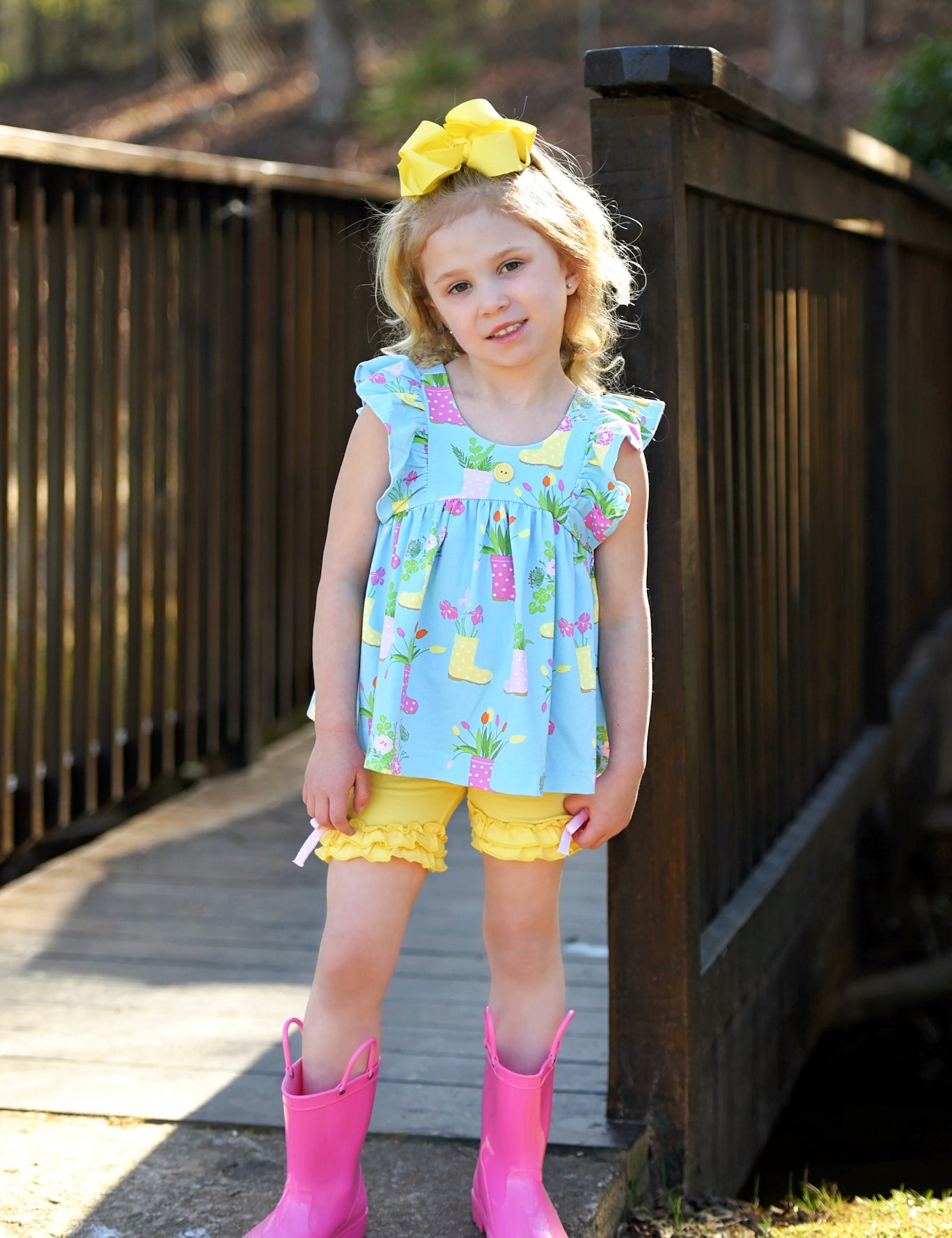 April Showers Rainboot Print Knit Flutter Top and Ruffle Shorts Set