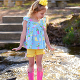 April Showers Rainboot Print Knit Flutter Top and Ruffle Shorts Set