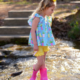 April Showers Rainboot Print Knit Flutter Top and Ruffle Shorts Set
