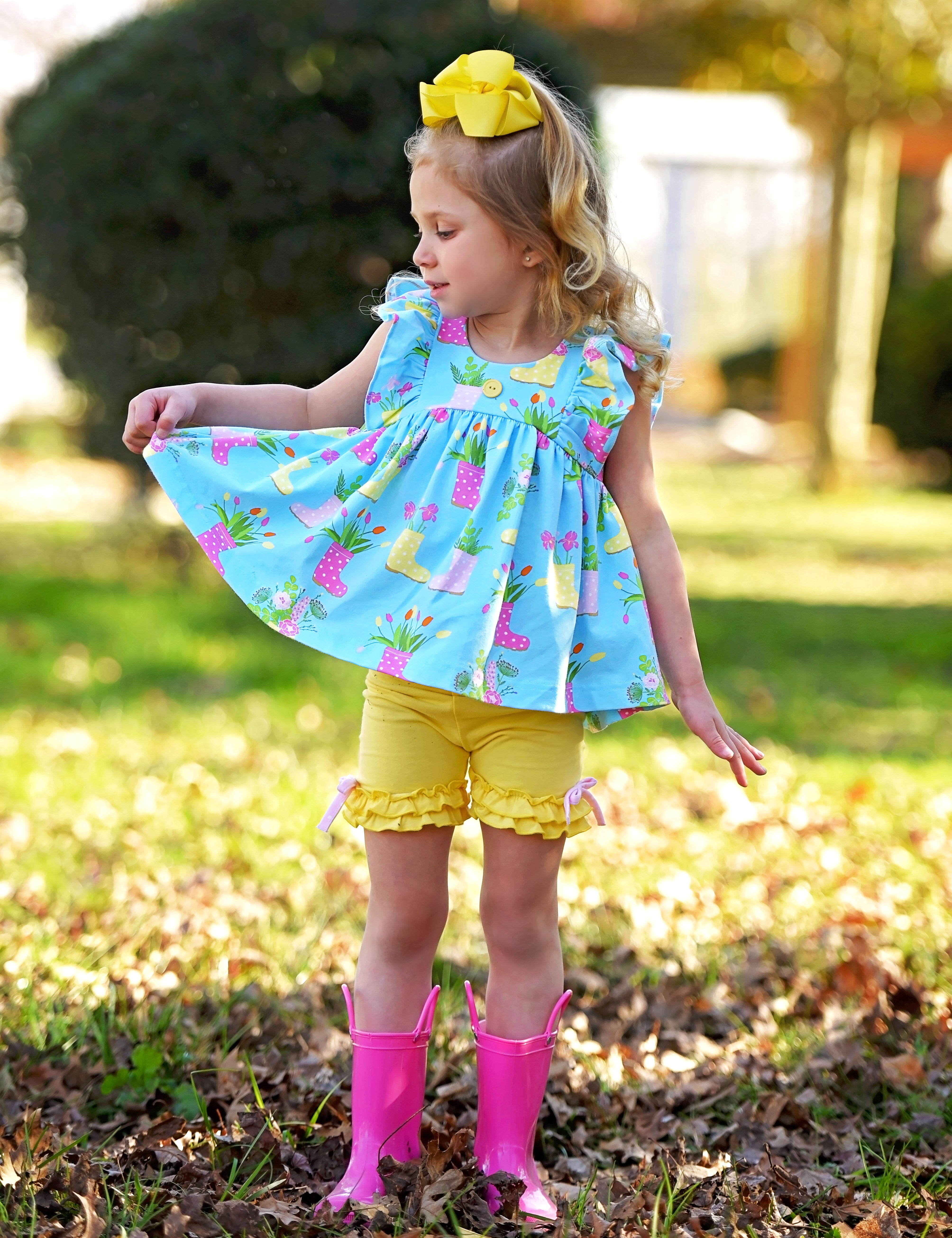 April Showers Rainboot Print Knit Flutter Top and Ruffle Shorts Set