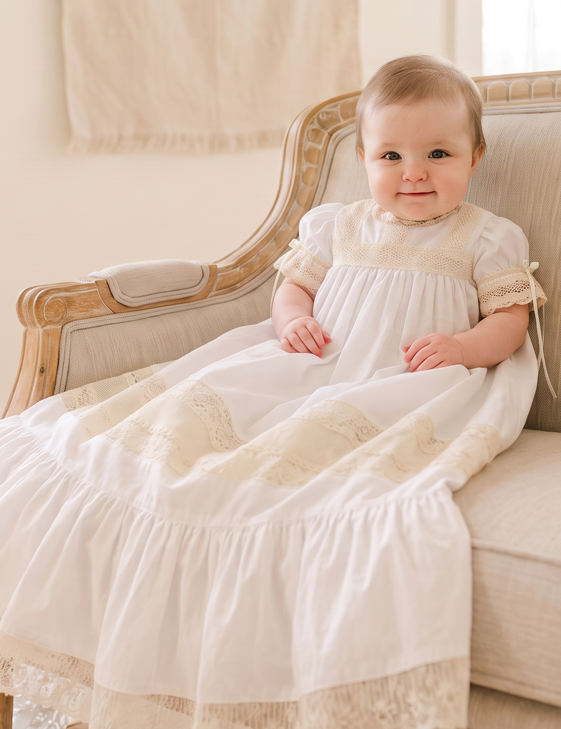 A baby wearing a white first communion dress sits on a beige upholstered wooden armchair in a bright, neutral-toned room.