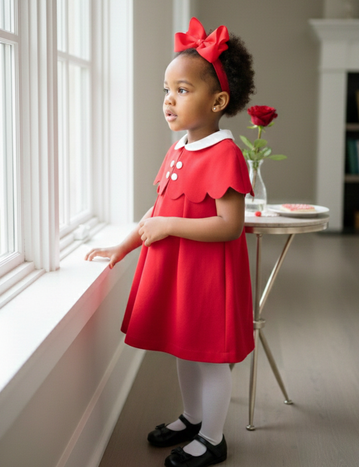Young girl in a red dress standing by a window with a rose on a small table.