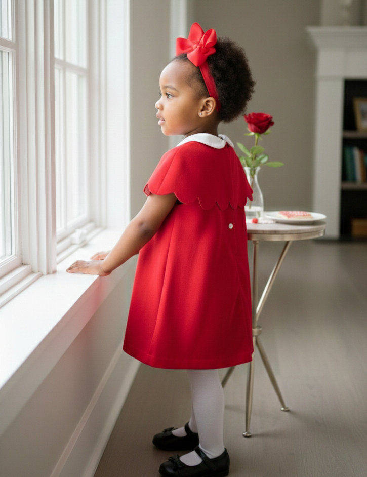 Young girl in a red dress standing by a window in a bright room.