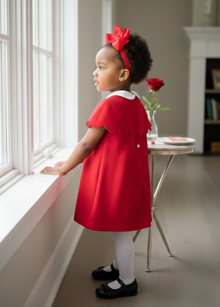Young girl in a red dress standing by a window in a bright room.