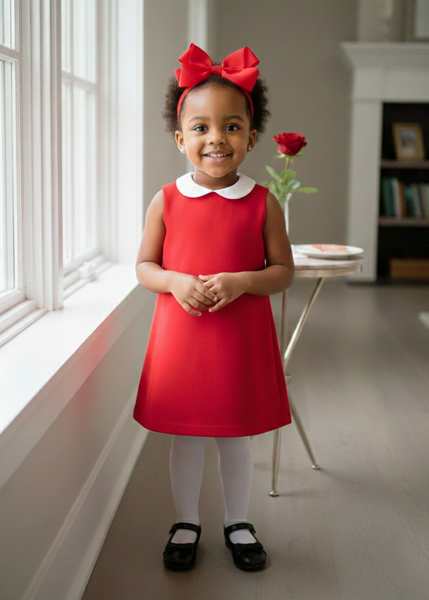Young girl in a red dress with a large bow standing in a room with a window and bookshelf.